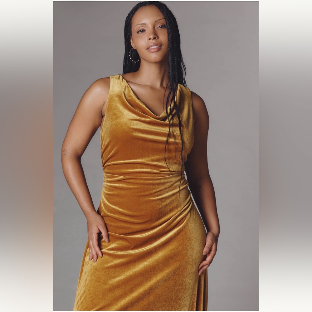 Anthropologie Stunning Gold Velvet Cowl Ruched Maxi Party Dress NWT 1X Formal 🔥 - Picture 5 of 12